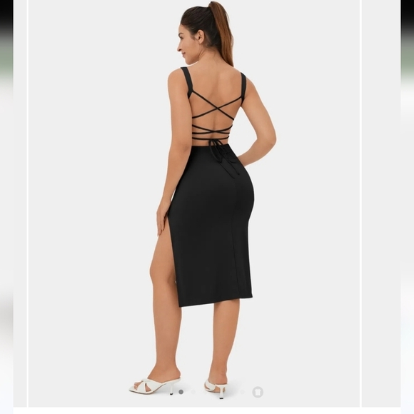 Ruched Backless Crisscross Lace Up Split Bodycon Midi Casual Dress - Picture 2 of 6